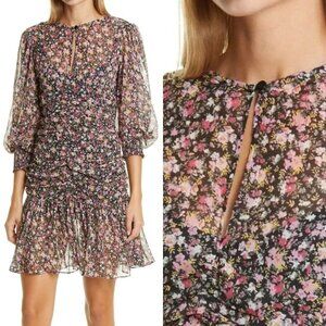 byTimo Ditsy Floral Print Chiffon Flounce Ruched Mini Dress Long Sleeve XS